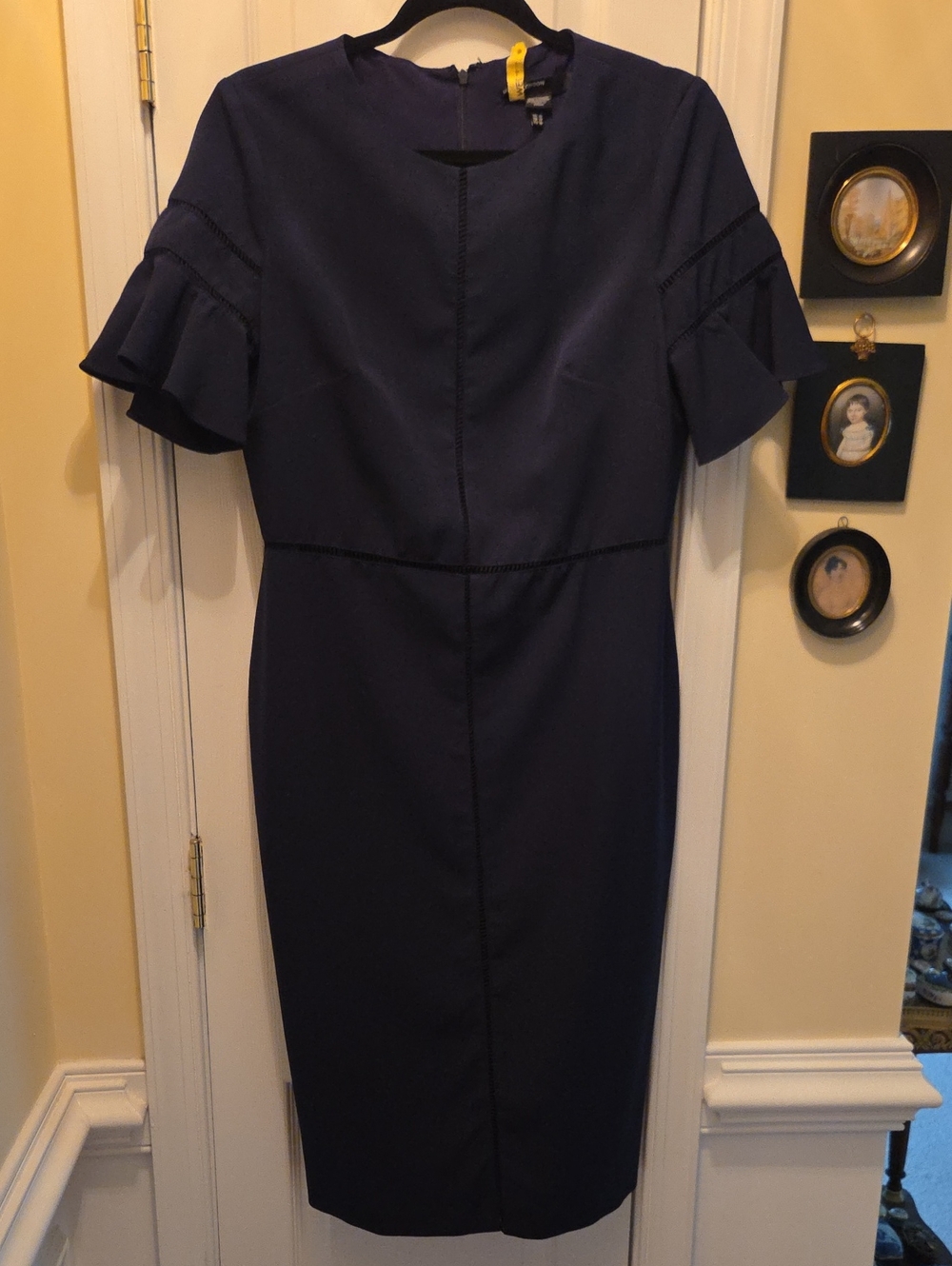Maggy London Navy Midi Sheath Dress with Ruffle Sleeves